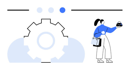 Woman holding shopping bags and admiring a handbag beside a large gear with cloud elements. Ideal for e-commerce, technology, consumer trends, shopping, retail innovation, digital marketing, flat