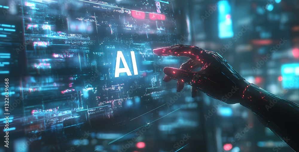 Aufkleber ai interface: a futuristic depiction of human interaction with artificial intelligence, as a hand in