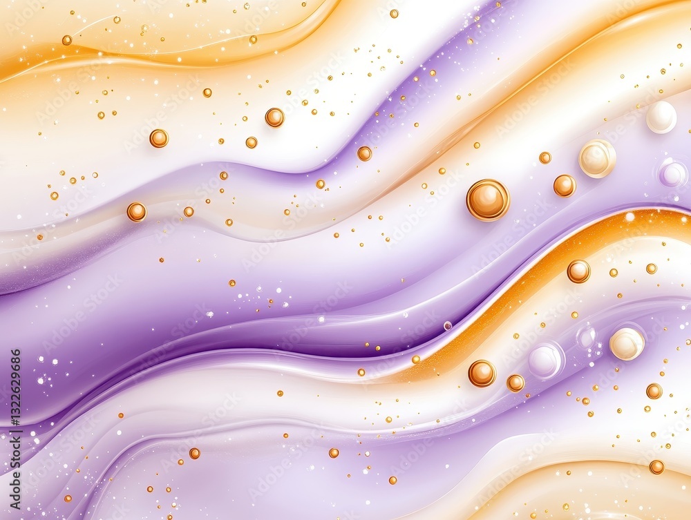 Poster abstract fluid art with flowing waves and golden spheres on a gradient background