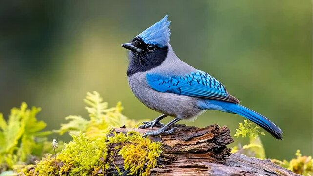 Vivid Blue Bird on Mossy Log