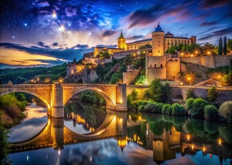 Obraz premium Night View of Toledo's High Bridge & Tagus River, Spain - Stunning Cityscape