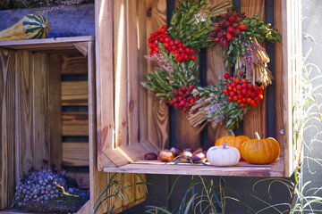 Autumn Rustic Decor with Wreath and Pumpkins