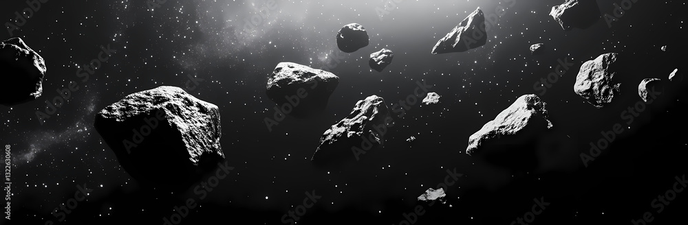 Poster asteroid field in space: a captivating, monochromatic view of an asteroid field against a starlit co