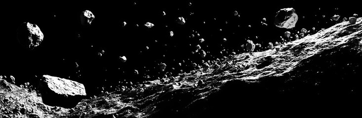 Cosmic Debris: A monochrome depiction of cosmic debris, possibly an asteroid field or space rocks. The dramatic contrast in light accentuates the texture and form of the celestial bodies. 