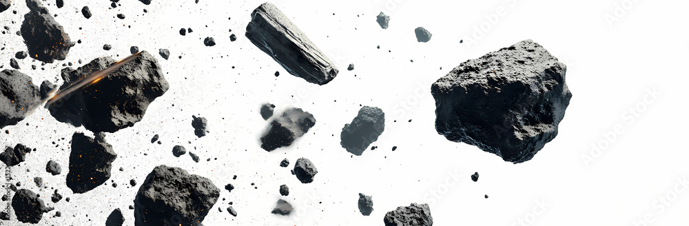 Poster cosmic fragments: a dramatic image of meteorites scattered against an expansive backdrop, each a tes