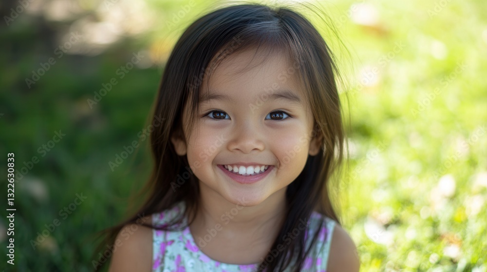 Poster Smiling child enjoying a sunny day in the park with green grass in the background