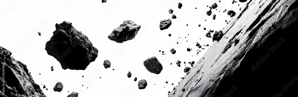 Poster meteorite fragment: a detailed black and white capture of jagged meteorite fragments colliding amids