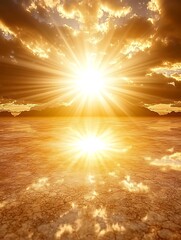 Scorching Sunlight Radiating Over Barren Landscape with Water Reflection