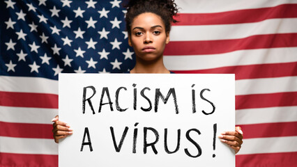 African american woman protesting with blank placard, empty space for text, US flag background