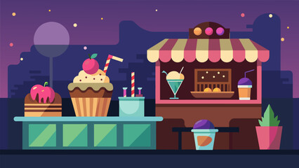 For those with a latenight sweet tooth the snack bar offered a wide selection of decadent desserts from gooey brownies to ice cream sundaes.. Vector illustration