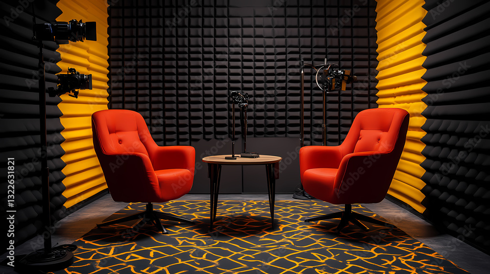 Poster soundproof studio: a professional studio, featuring cozy red chairs set around a small table, all de