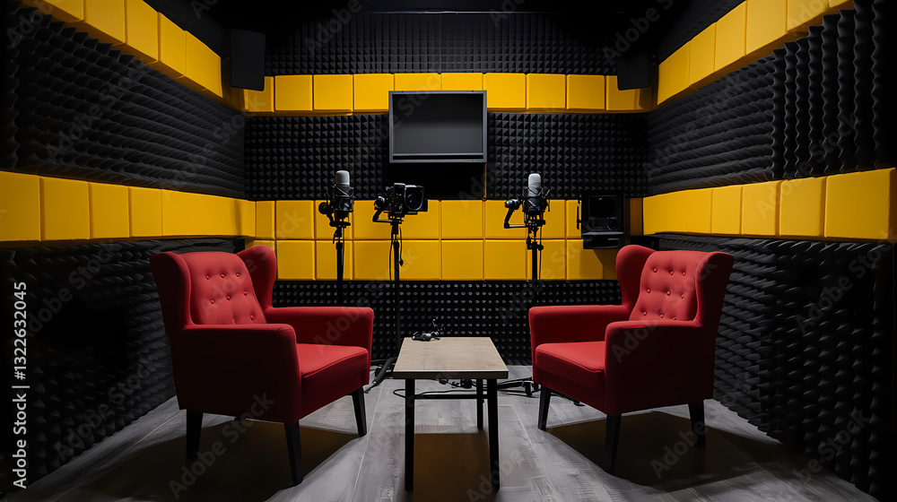 Poster studio of sound: a professionally designed recording studio setup with red chairs, microphones, acou