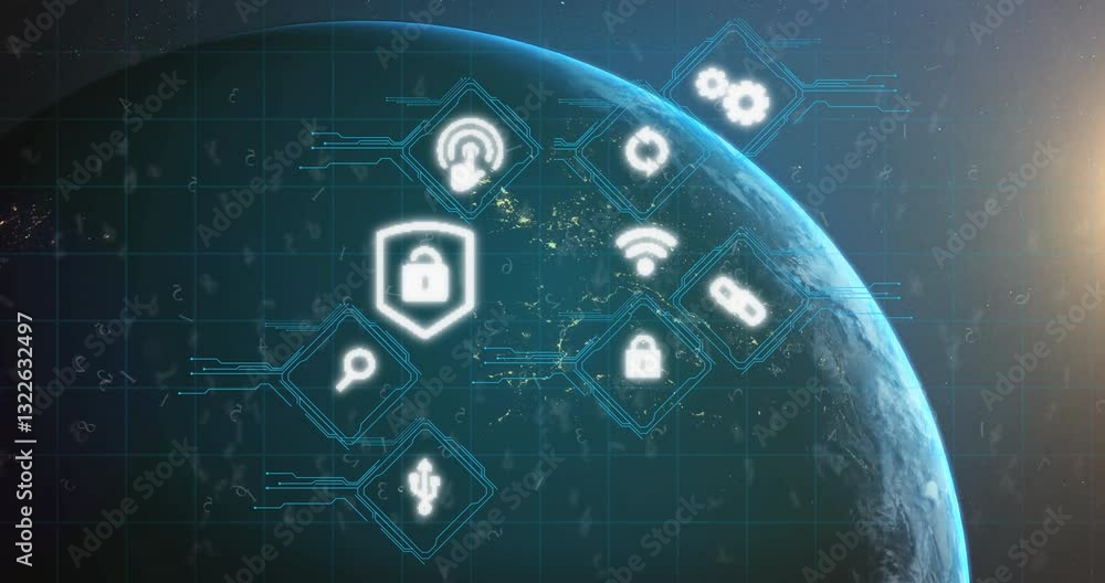 Poster digital security icons and data processing animation over earth from space
