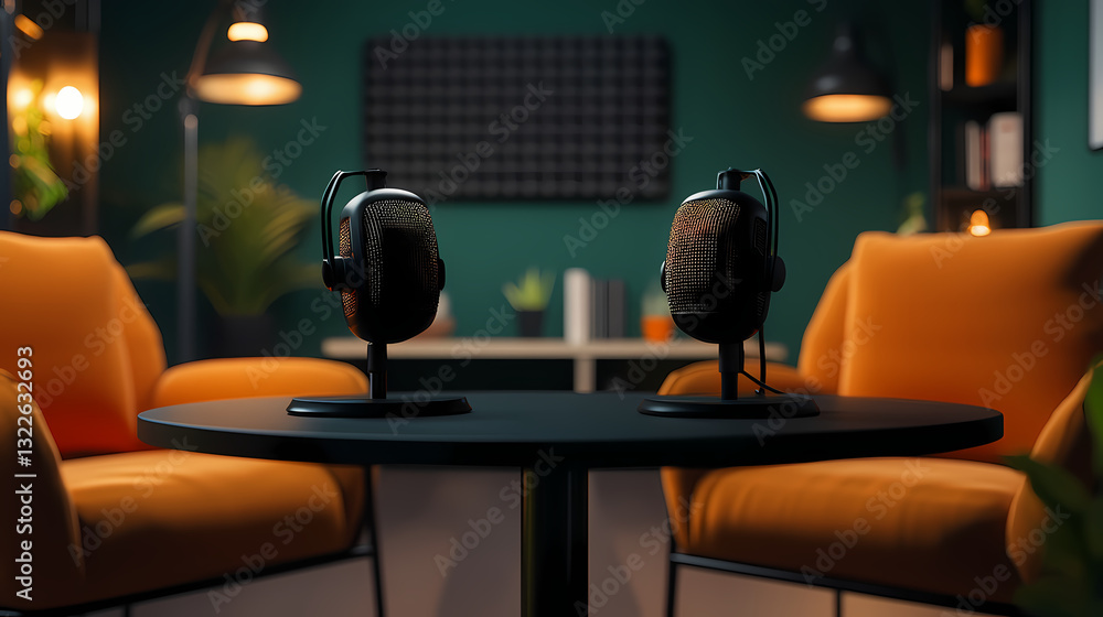 Poster podcast studio setup: two microphones stand poised on a round table, ready to capture insightful con
