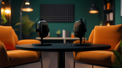 Podcast Studio Setup: Two microphones stand poised on a round table, ready to capture insightful conversations within a thoughtfully designed studio space. The ambiance is professional and intimate.