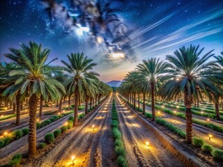 Obraz premium Panoramic Night View of Modern Date Palm Plantation in the Middle East Desert