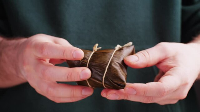 Hand holding zongzi (rice dumpling) with savoury fillings wrapped in bamboo or reed leaves.