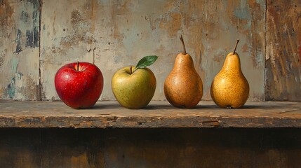 Ripe Apple and Pears on Textured Old Wood Background for Food Photography