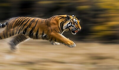 Obraz premium A powerful tiger is shown sprinting across the open plains landscape