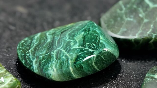 Close-up of polished green Malachite stones with intricate patterns, showcasing their natural beauty and texture.