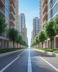 Modern urban residential complex with symmetrical apartment buildings, glass balconies, green trees, and a clean pedestrian pathway under a bright blue sky captured in perspective view
