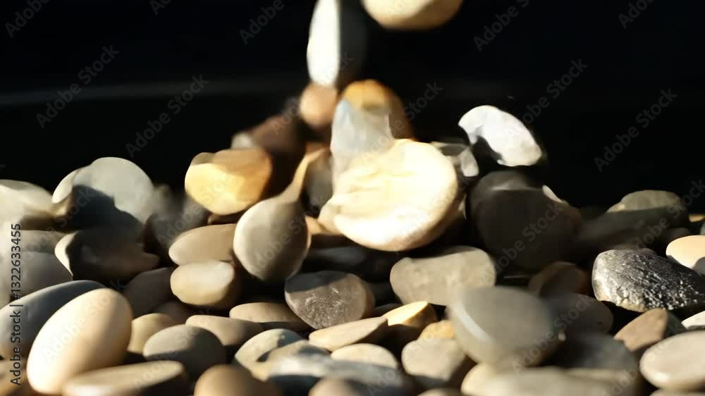 Poster a close-up view of various smooth pebbles scattered on a dark surface, with some pebbles appearing t