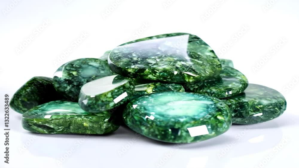 Poster A collection of polished green Malachite gemstones with varying shapes and sizes, showcasing a glossy surface and intricate patterns. The stones are arranged in a pile against a white background.