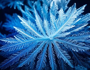 ice crystal formations under a microscope, glowing blue and white, creating abstract pattern