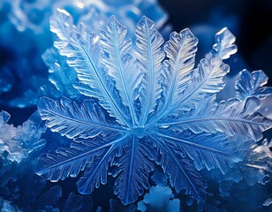 ice crystal formations under a microscope, glowing blue and white, creating abstract pattern