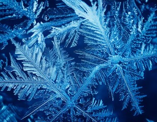 ice crystal formations under a microscope, glowing blue and white, creating abstract pattern
