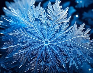 ice crystal formations under a microscope, glowing blue and white, creating abstract pattern
