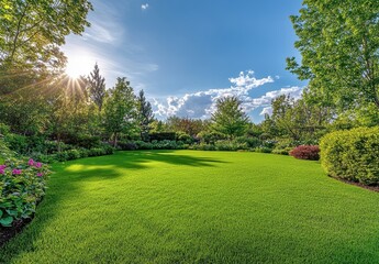 Fototapeta premium Vibrant Green Lawn Surrounded by Lush Trees and Colorful Flowers in Serene Garden During Sunny Day with Blue Sky and Fluffy Clouds