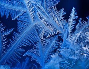 ice crystal formations under a microscope, glowing blue and white, creating abstract pattern