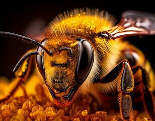 Macro of a bee covered in golden pollen, every tiny hair and speck visible in high detail