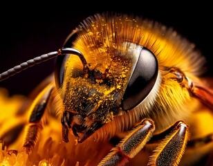 Macro of a bee covered in golden pollen, every tiny hair and speck visible in high detail