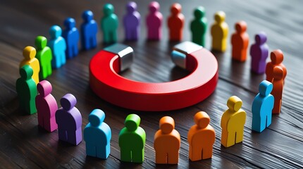 Creative representation of magnet attracting people icons on a wooden surface, illustrating business concepts like engagement, influence, customer retention, and inbound marketing

