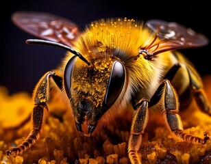 Macro of a bee covered in golden pollen, every tiny hair and speck visible in high detail