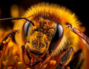 Macro of a bee covered in golden pollen, every tiny hair and speck visible in high detail