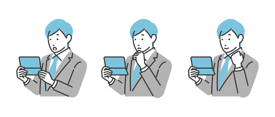 通帳を見ている様々な表情のビジネスマン