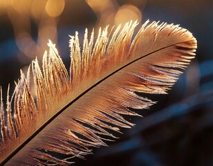 Macro of a bird’s feather covered in delicate frost patterns, glowing in soft morning light