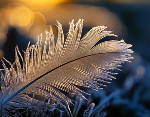 Macro of a bird’s feather covered in delicate frost patterns, glowing in soft morning light
