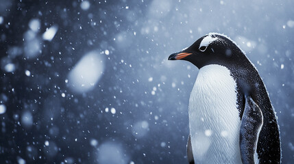 Fototapeta premium penguin stands in falling snow, creating serene winter scene