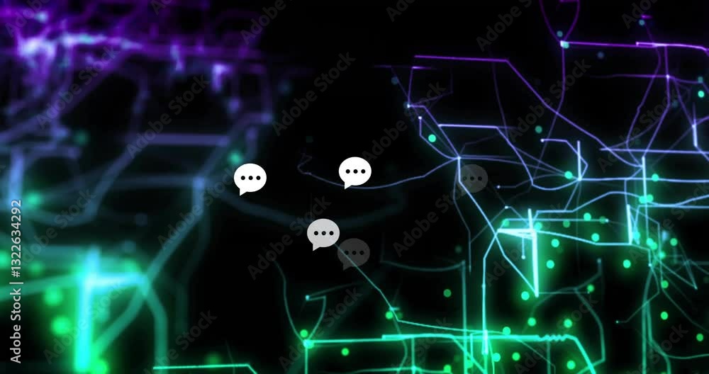 Poster animation of chat bubbles with glowing network lines on digital background