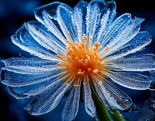 Macro of a flower encased in ice, showing intricate cracks and frozen air bubbles