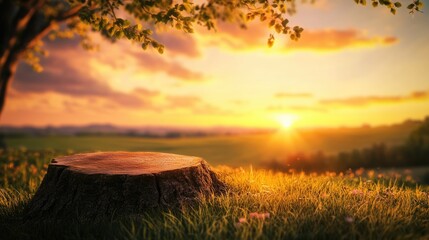 Obraz premium Serene Sunset Landscape with Tree Stump at Golden Hour