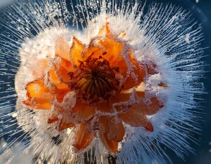 Macro of a flower encased in ice, showing intricate cracks and frozen air bubbles