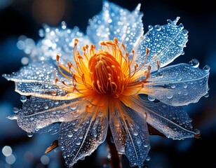 Macro of a flower encased in ice, showing intricate cracks and frozen air bubbles