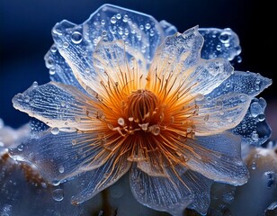 Macro of a flower encased in ice, showing intricate cracks and frozen air bubbles