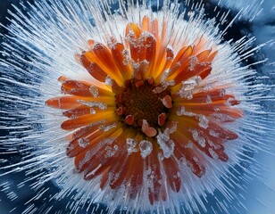Macro of a flower encased in ice, showing intricate cracks and frozen air bubbles