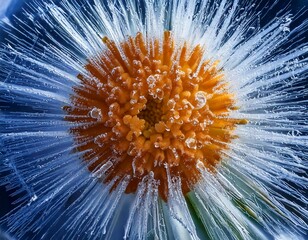 Macro of a flower encased in ice, showing intricate cracks and frozen air bubbles
